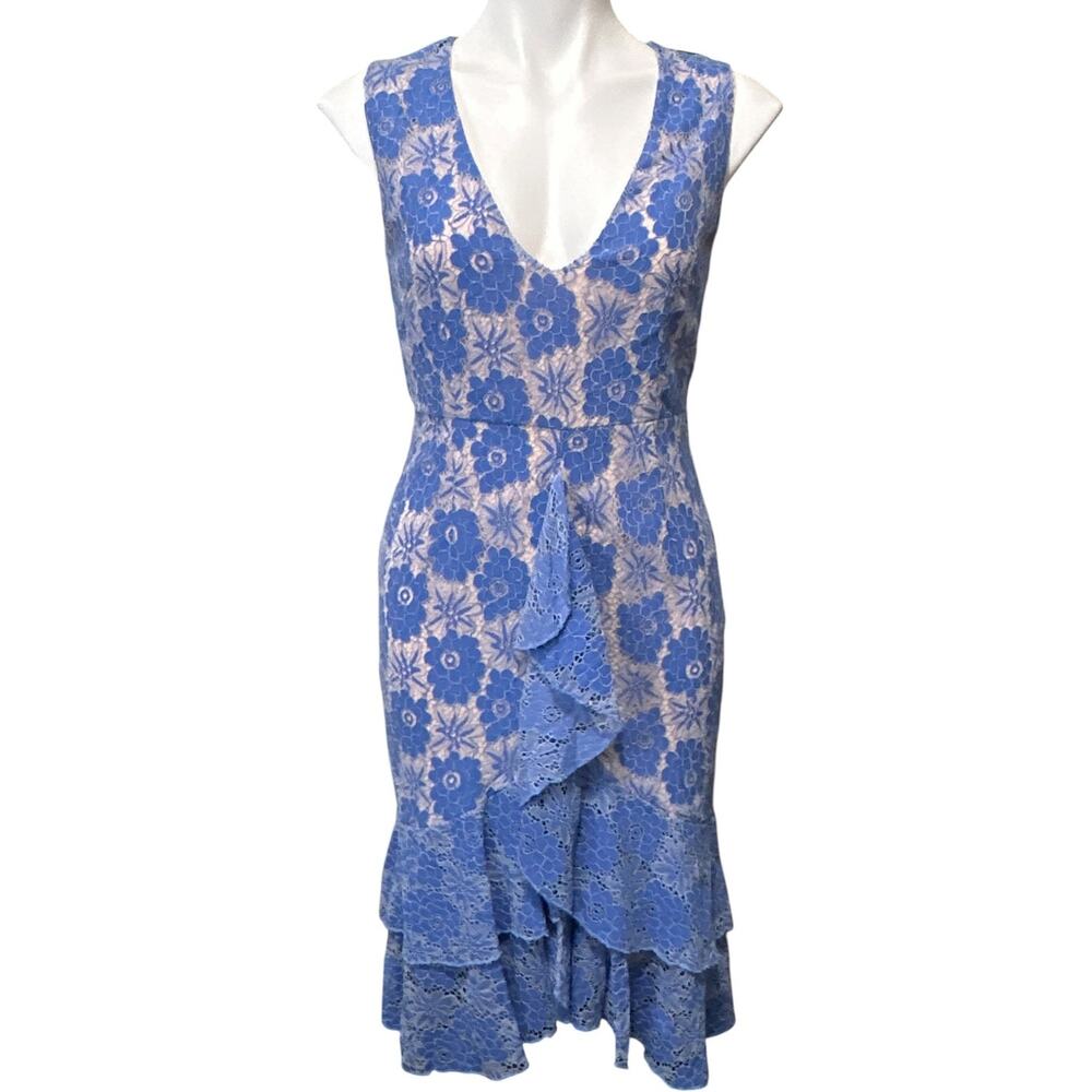 Chelsea28 3D Floral Lace Tiered Midi Dress Blue V-Neck Women Size Small